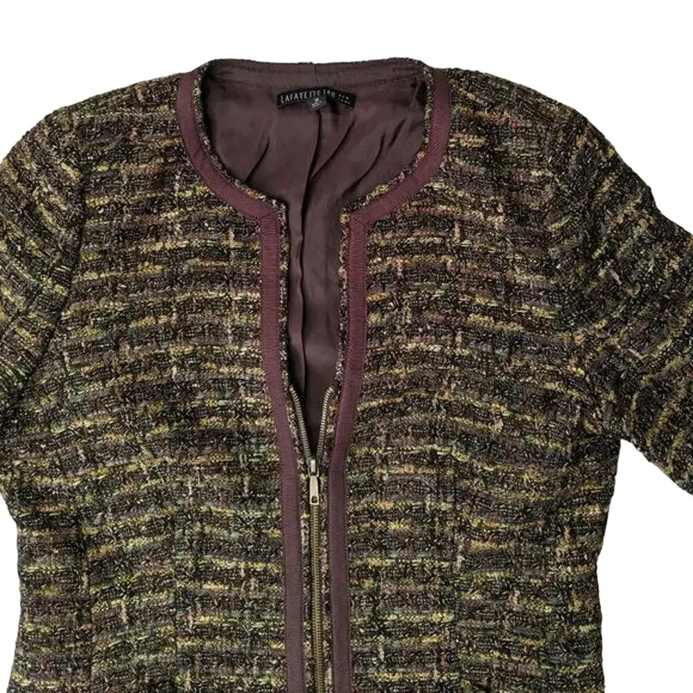 LAFAYETTE 148 NY Blazer Coat‎ Tweed Zip Up Blazer Jacket Brown Trim Women's 10